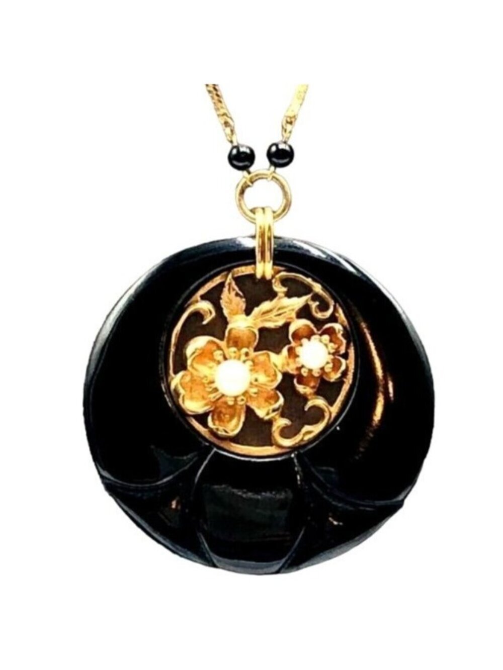 14k Yellow Gold Necklace Black Gemstone Pendant Vintage 16.2 Gram